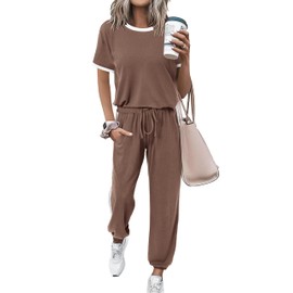 MASCOMODA Two Piece Sets for Women Summer 2024 Loungewear Jogger Set Short Sleeve Tops Long Pants Casual Tracksuit Set(Khaki,X-Large)
