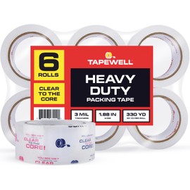 TAPEWELL Clear Packing Tape, 1.88 Inches x 54.6 Yards, Heavy Duty Tape with 3'' Core, Pack of 6