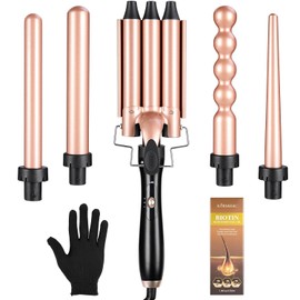Rizadora para Cabello 5 en 1,Ferro para el Cabello Intercambiables,Tenazas para Rizar Cabello,Adecuado para Todo Tipo de Cabello,2 Configuraciones de Temperatura,con Guantes Aislados y Aceite Esencial