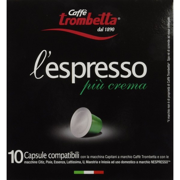 Trombetta 10 Capsules “Piu Crema“ Dark Roast Instant Espresso Coffee - Compatible Nespresso Espresso Coffee Pods