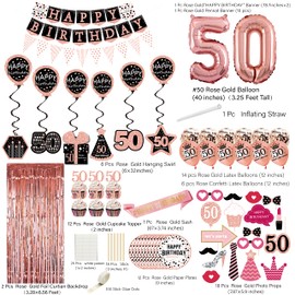 50th birthday decorations for women - (76pack) rose gold party Banner, Pennant, Hanging Swirl, birthday Balloons, Foil Backdrops, cupcake Topper, plates, Photo Props, Birthday Sash for gifts women