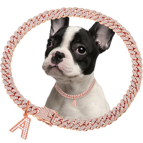 Rosegold Dog Chain Diamond Cuban Collar Walking Metal Chain Collar