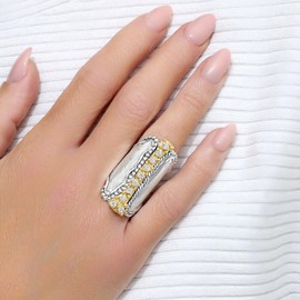 JEAN RACHEL JEWELRY Mixed Metal Two Tone Ring for Women – CZ Rope Bead Shield Ring – 925 Sterling Silver & 14K Gold Over Silver – Hypoallergenic Wide Band Statement Ring