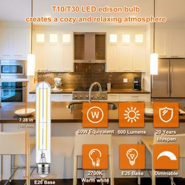 Vinaco T10/T30 LED Edison Bulb, 6 Pack Dimmable No Flicker T10 Tubular Light Bulb 600LM 6W, Equal 60W, 2700K Warm White Clear Glass E26 Base, T10 LED Bulb for Pendant, Chandeliers, Wall sconces