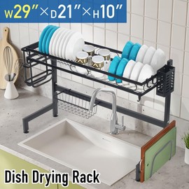 Japard 29.5" Over Sink Kitchen Dish Drying Rack, Drainer Standard Medium Large 1 Tier, Counter Top with Multifunctional Basket Holders Hanging Hooks, Black