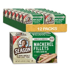 Season Mackerel in Olive Oil - Skinless & Boneless, Wild Caught, Keto Snacks, Canned Mackerel Fillets, Full of Vitamins, Low in Mercury, Kosher, Non-GMO, 20g of Protein - 4.37 Oz, 12-Pack