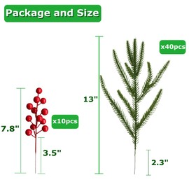 ELYJHYY 50PCS Artificial Norfolk Pine Branches Green Plants Pine Needles Stems DIY Accessories for Garland Wreath Christmas and Home Garden Decor (Green + Red)