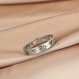 LUTAKU Stainless Steel Paw Print Finger Rings for Women Girls aw Prints and Hearts Ring Pet Memorial Jewelry Pet Lover Gift (silver)