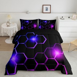 Feelyou Purple and Black Comforter Set Queen Size Kids Honeycomb Comforter for Boys Teens Geometry Hexagon Theme Bedding Set Breathable Geometric Blue Duvet Set Room Decor Quilt Set