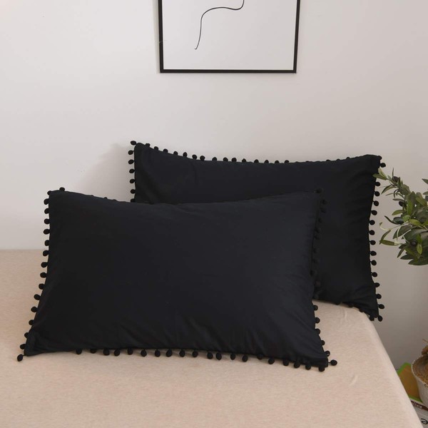 Softta 20x30 Pompom Pillow Shams Pillow Covers 2 pcs Ball Tassel Trimmed Cute Pretty Girls Pillowcases 100% Cotton Black Cover Twin/Full/Queen (NO Comforter NO Filling)…