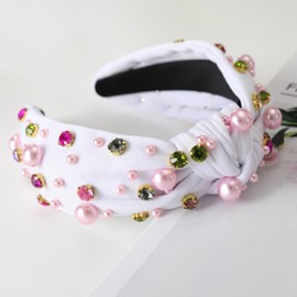 Gmmidea Pearl Women’s Knotted Headband Colorful Rhinestone Crystal Jeweled Headband Beaded Wide Top Knot Hairband Sparkly Fancy Decorative Headband for Ladies Girls White-1