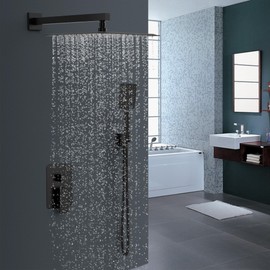 Shower System Modern Rain 12 inches Brass Faucet Set With Valve and Diverter Shower Mixer With Handheld High Pressure Square Rainfall Shower Rough-in Valve (12‘’ Wall Mount, Matte Black)