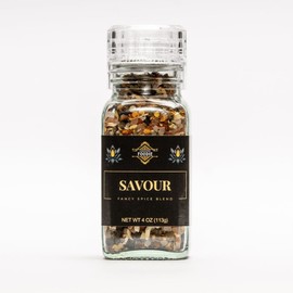 Fabulous Foodie Savour - Herbs, Himalayan Salt, Peppercorns, Garlic, and Onion Fancy Spicy Blend - Luxury Glass Grinder - Pairs Perfectly with Meats, Vegetables, & Fish Dishes - 4oz (113g)