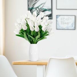 Sggvecsy 30 Pcs Fake Tulips Artificial Flowers Real Touch PU Faux Flowers Tulip Stems for Wedding Spring Bouquet Floral Arrangement Home Party Office Decorations for Mother's Day (White)