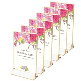 Minnhua Pack of 6 Acrylic Picture Frames Gold, Double-Sided Card Stand, Place Card Holder, Wedding Table Numbers for Table Top, Restaurant Retail, Paper Holder, Picture Frame (Vertical Style)
