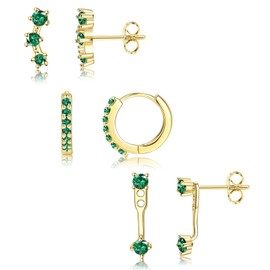LIULINY 3 Paar 18K Vergoldet Ohrringe Gold Creolen Set, Damen Kleine Ohrstecker, Hypoallergen Klein Huggie, Goldene Creolen, Grün mit Zirkonia Besetzt, für Party, Mottoparty, Alltägliche Kostümparty