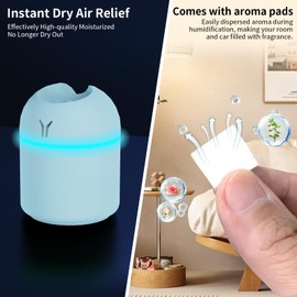 Portable Mini Humidifier, 250ML Small Humidifier, 3-in-1 Colorful Mini Humidifier + Night Light + Car Humidifier, Cool Mist Humidifier with Aroma Pads, USB Portable Humidifier For Travel (Blue)