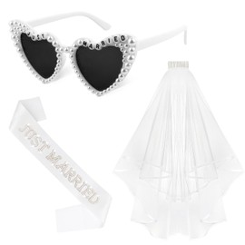 Pearl Just Married Sash + Veil + Heart Bride Sunglasses Set Bachelorette Party Decorations Bridal Shower Engagement Party Decorations