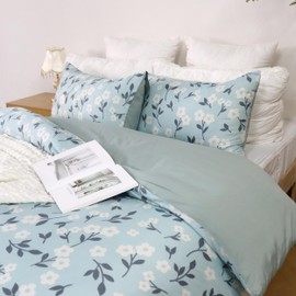 Lemfux Duvet Cover Set 3 Piece Blue Floral Duvet Cover Twin Size, Flower Twin Comforter Cover Sets,Soft & Breathable with Zipper Closure & Corner Ties, Garden Style