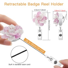 Soleebee Key Fob, Extendable, Resin Flowers ID, JoJo Retractable ID Badge Holder, ID Name Badge Holder with 360° Rotating Crocodile Clip for Card Holder, ID Cover (Cream + Purple)