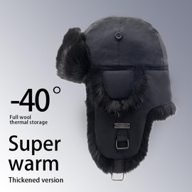 Kurhatic Winter Trapper Hat, Warm 100% Rabbit Fur Aviator Hat, Russian Trooper Hunting Ski Hat with Ear Flaps for Men & Women XL Black Black