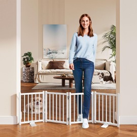 Snughome Dog Gate Indoor, 16" High Freestanding Dog Door Gates with Support Feet, Expands Up to 48’’ Wide Foldable Pet Gates for Doorways Hallways, 4 Panel Folding Pet Door Pet Fence for Puppy, White