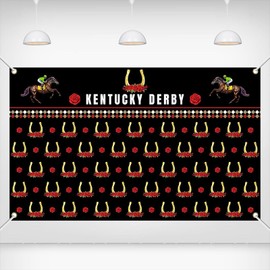 Printspree Kentucky Derby Banner, 70.8x43.3in, Black and Gold Horse Racing Design with Horseshoes and Roses, Derby Party Decoration Backdrop for Horse Racing Events