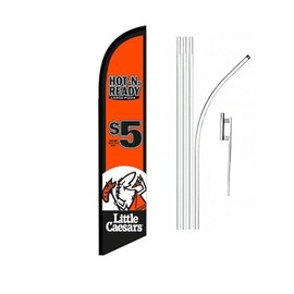 Little Caesars $5 Hot and Ready Feather Flag | 3ft W x 11.5ft H | Durable Super-Knit Polyester with Aluminum Flagpole and Ground Spike | Outdoor Advertising Banner Promotions | One Kit w/Hardware