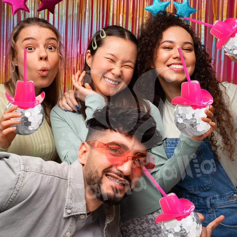 Grupo Carnavallia 2 Vaso Bola Disco Sombrero Texano Blanco Rosa