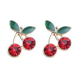 coadipress 18K Gold Plated Red Cherry Stud Earrings for Women Elegant Shining Green Emerald Leaf CZ Crystal Ruby Cherries Post Earring (Cherry)