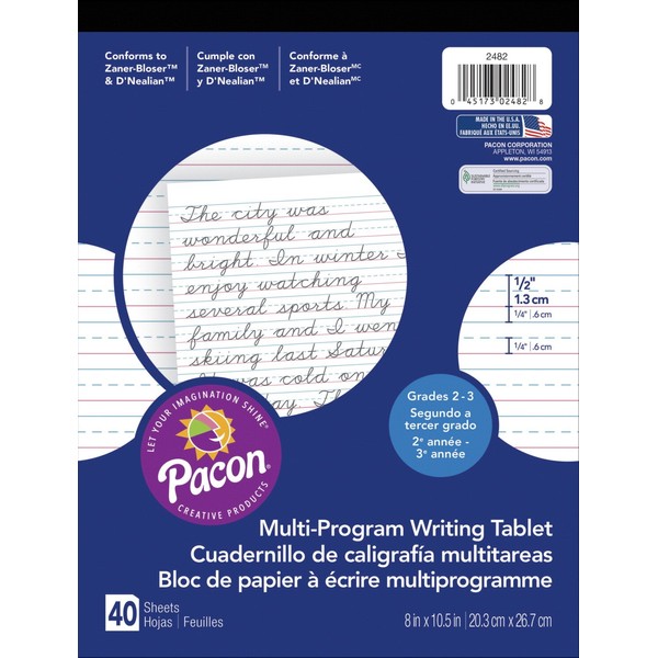 PACON - PAC2482 Pacon Handwriting Paper, D'Nealian Grades 2&3 / Zaner-Bloser Grade 2, 1/2" x 1/4" x 1/4" Ruled 8" x 10-1/2", Ruled Short, 40 Sheets,White