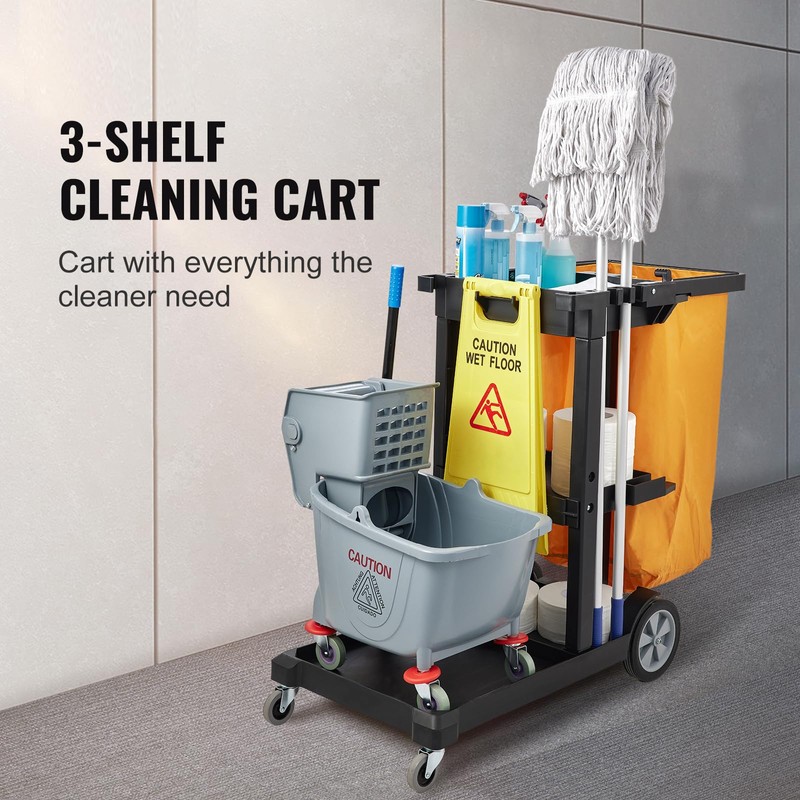 Happybuy Cleaning Cart, 3-Shelf Commercial Janitorial Trolley, 200 lbs Capacity,