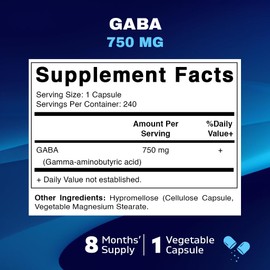 Vitamatic GABA (Gamma Aminobutyric Acid) 750mg, 240 Vegetable Capsules, 240 Servings - Non-GMO, Gluten Free