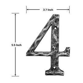 5.5 Inch House Numbers- Unique Cast Iron Metal Address/Mailbox Number for Outside or Front Door, Handmade Antique Silver Finish, Number 4