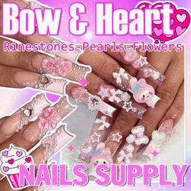 600 PCS 3D Nail Charms Set Pink and White Bow Pearl Nail Charms Butterfly Heart Rose Cherry Flower Nail Charms and Gems Y2K Nail Pearls Jewelry for Nail Art Supply