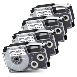 Pristar 4 x Label Tape Compatible with Casio XR-12WE XR12WE for Casio EZ KL-60 KL-70e KL-100 KL-120 KL-130 KL-200 KL-200E KL-300 KL-750 KL-820 Labelling Device, 12 mm x 8 m, Black on White