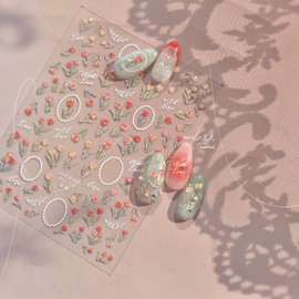 Tulip Nail Art Stickers Flower Nail Decals Red Purple with Shiny Design 5D Embossed Self Adhesive Plant Nail Art Decals for Women Girls Kid Manicure Decoration Accessories