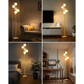 Lightdot Dimmable Globe Floor Lamp Mid Century Modern Floor Lamp with 5Pcs 3000K G9 Bulbs Stepless Brightness Adjustable Gold Standing Lamps with Stable Base for Living Room Bedroom Office