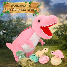 MorisMos Dinosaur Stuffed Animal with Babies,23.6'' Big Mommy Stuffed Dino T-rex with 3 Baby Dino Stuffed Toys & 3 Eggs Plush Inside Belly, Boy Girl Dinosaur Toys for Kids 3-5, Pink T-rex Toys Gift