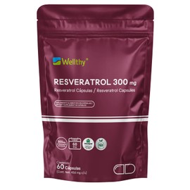 Wellthy Pure Resveratrol 60 Cápsulas. 300mg por Porción, 60 Porciones por Envase, VCaps Cápsulas Veganas, Bottle Free