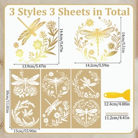 WANDIC 3 Sheets Gilding Rub On Transfer Stickers, Gold Foil Dragonfly Theme Decals Waterproof Stickers for Scrapbooking Furniture Album, 15 * 30cm