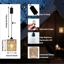 EcoGehen 2 Pack Battery Operated Pendant Light Outdoor Chandelier for Gazebo Hanging Lamp with LED Bulb Rattan Shade Waterproof Lantern for Porch Patio Backyard Bedroom Kitchen Fall Home Room Decor