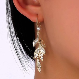 TseenYi Boho Leaves Crystal Earrings Golden Leaves Drop Earrings Vintage Leaves Long Dangle Earrings Long Leaves CZ Dangle Earrings Long Drop Hook Earrings for Women and Girls