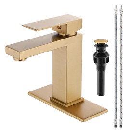 HOZKUY Bathroom Faucet Brushed Gold Single Handle Vessel Sink Faucet 1 Hole Modern Stainless Steel Vanity Faucet for Bathroom Sink with Pop Up Drain Stopper & Water Supply Hoses
