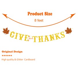 Starsgarden Gold Glitter Give Thanks Banners with Maple Leaves, Pumpkins, Turkeys for Thanksgiving Day, Happy Thanksgiving Fall Party Sign Garland Decoration for Mantle, Dinner Table, Fireplace