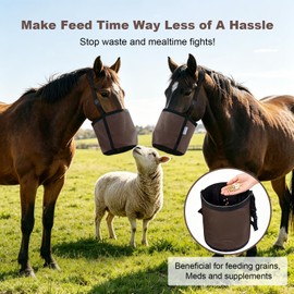 Horse Feed Bag for Grain, Breathable Muzzle Feed Bags for Horses, Universal Mesh Feedbag for Feeding Grain, Anti-Spill Design Feeder, Durable Nose Bag with Solid Bottom (Brown)