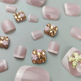 24Pcs White French Press on Toe Nails Short Fake Toenails with 3D Rhinestones Gold Bows Design Flower False Toe Nails Summer Glue on Toenails Glossy Stick on Toe Nails Kit for Women