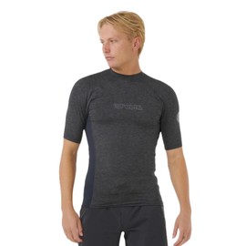 RIP CURL Mens Dawn Patrol Performance UPF Short Sleeve Rash Vest Top - Black Marled - UV Sun Protection and SPF
