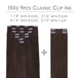 Wennalife WENNALIFE Clip in Hair Extensions, 18 Inch 150g 9pcs Real Human Hair, Light Dark Brown Remy Hair Extensions Clip Ins Double Weft
