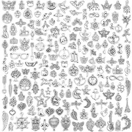 200PCS Wholesale Bulk Lots Jewelry Making Charms Mixed Smooth Tibetan Silver Metal Charms Pendants DIY for Women Necklace Bracelet Keychain Earrings Jewelry Making and Crafting, Alloy